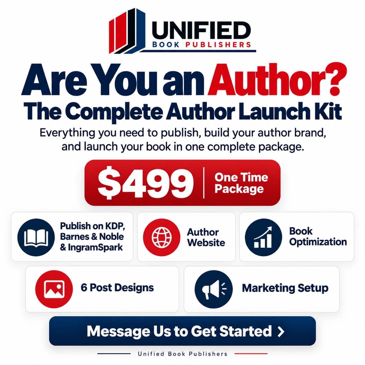 Unified Book Publishers Complete Author Launch Kit: publishing on KDP, Barnes and Noble and IngramSpark, author website, book optimization, six post designs and marketing setup for $499 one time.