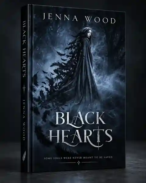 Dark fantasy book cover mockup titled Black Hearts with a cloaked woman in a misty blue forest