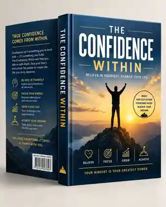 Personal development book mockup titled The Confidence Within with a mountain sunrise and motivational iconography