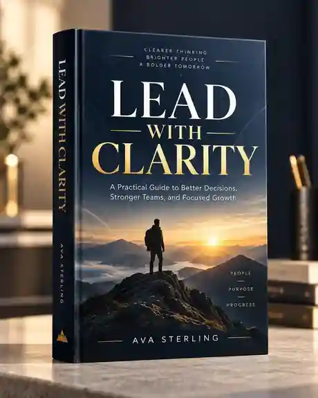Business leadership book cover mockup titled Lead With Clarity featuring a mountain sunrise