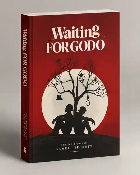 Red literary book cover mockup with black tree silhouettes and a cream moon