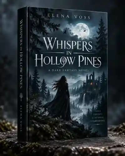 Dark fantasy book cover mockup titled Whispers in Hollow Pines with a moonlit forest and distant gothic castle